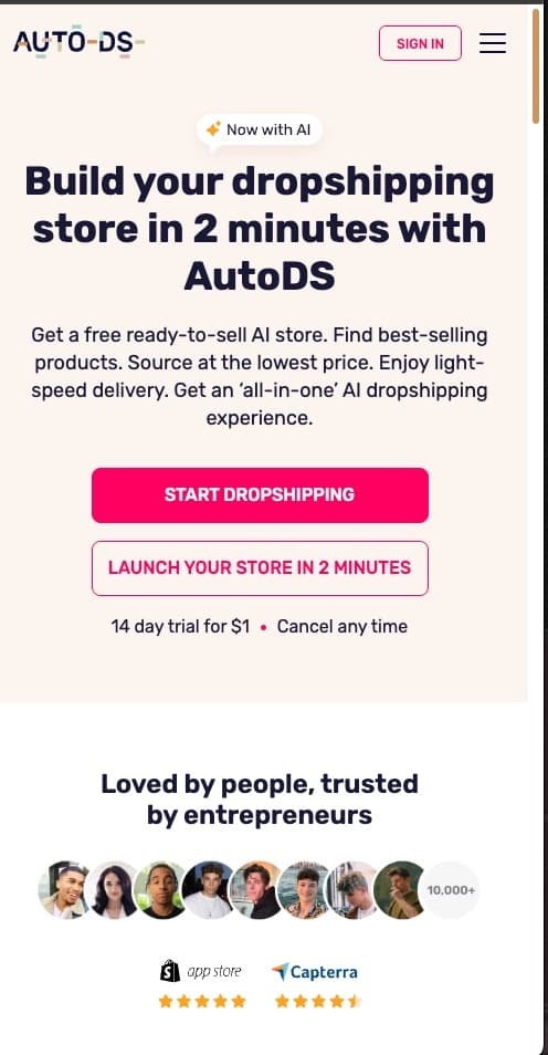 AutoDS mobile homepage featuring 2-minute store builder headline, dual CTAs, AI badge, and social proof with user avatars and ratings