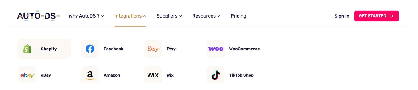 AutoDS integrations page showing major e-commerce platforms including Shopify, Facebook, Etsy, WooCommerce, eBay, Amazon, Wix, TikTok Shop
