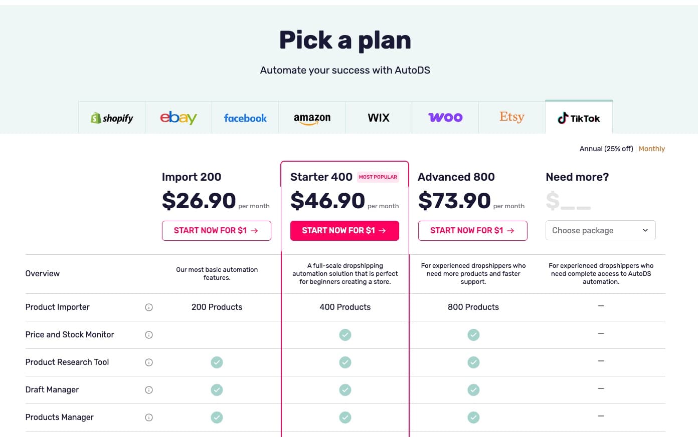 AutoDS alternative pricing structure with Import 200 ($26.90), Starter 400 ($46.90), Advanced 800 ($73.90) showing different price points