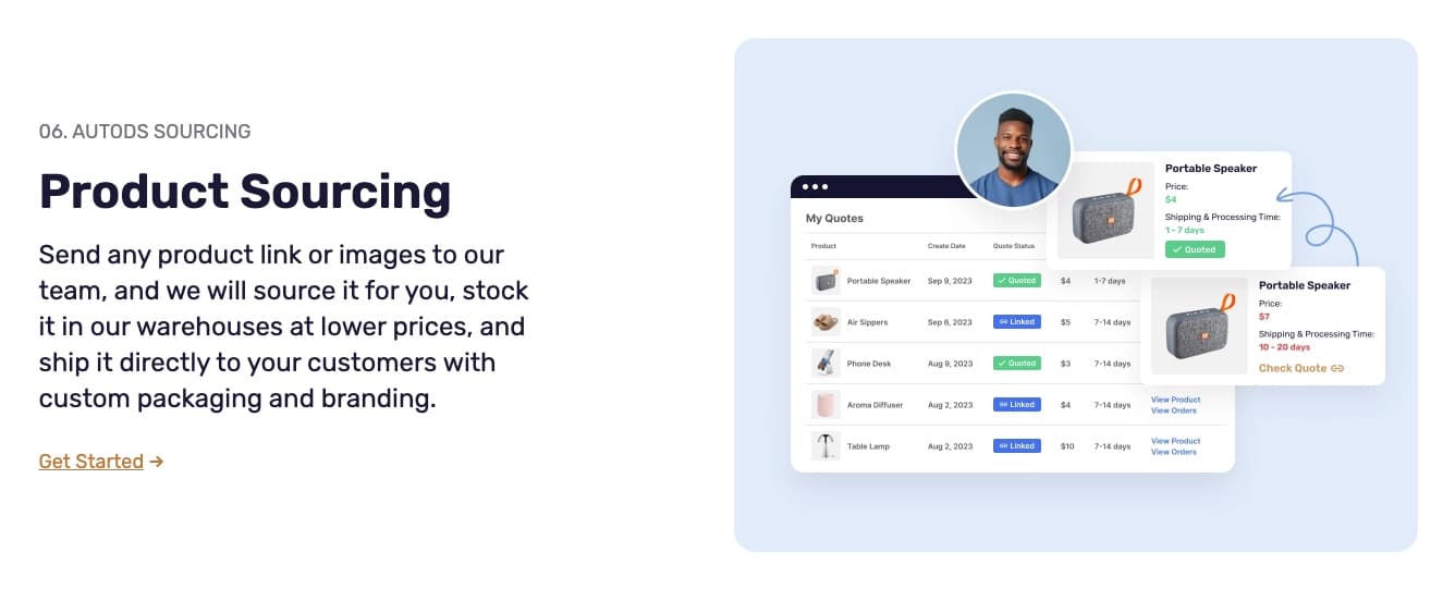 AutoDS product sourcing dashboard showing quote requests with pricing and processing times for custom product sourcing