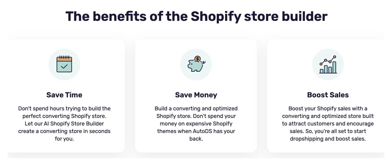 AutoDS Shopify store builder benefits highlighting Save Time, Save Money, and Boost Sales with conversion-focused messaging