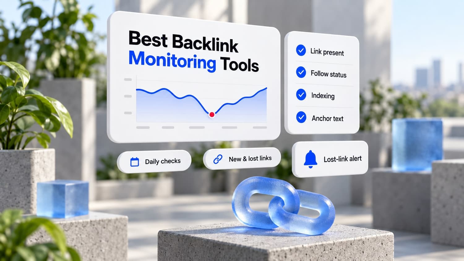 Best backlink monitoring tools: floating dashboard cards with a lost-link alert, daily checks, and a checklist of link present, follow status, indexing and anchor text.
