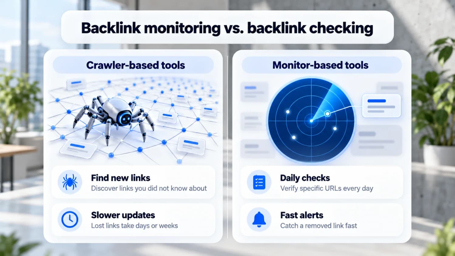 Backlink monitoring vs. backlink checking: crawler-based tools find new links with slower updates, monitor-based tools run daily checks and fast alerts.