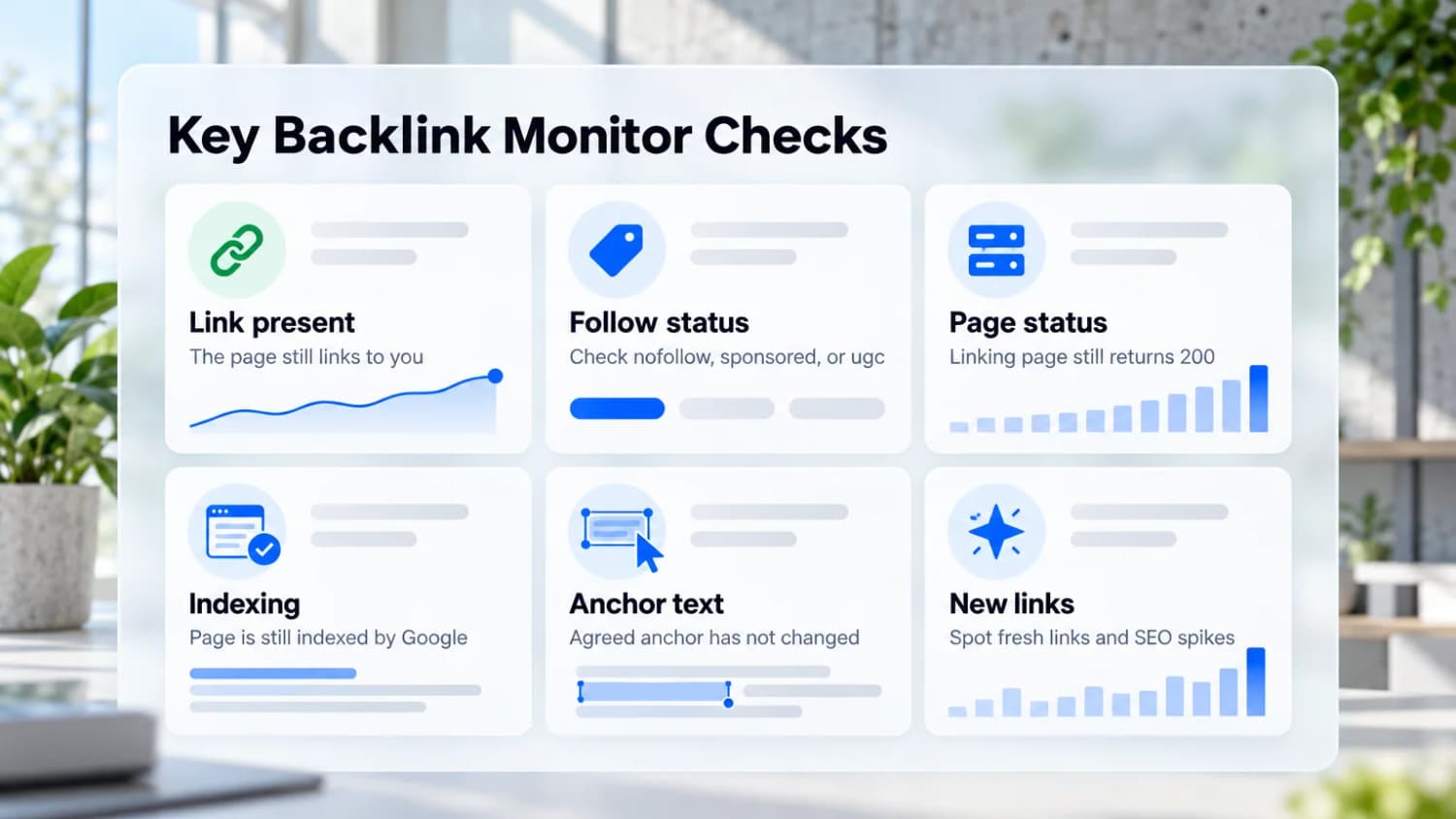 Six checks a backlink monitor runs: link present, follow status, page status, indexing, anchor text and new links.