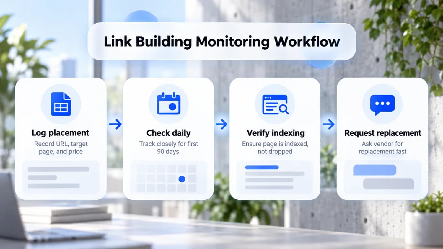 Link building monitoring workflow in four steps: log the placement, check daily for 90 days, verify indexing and request a replacement.