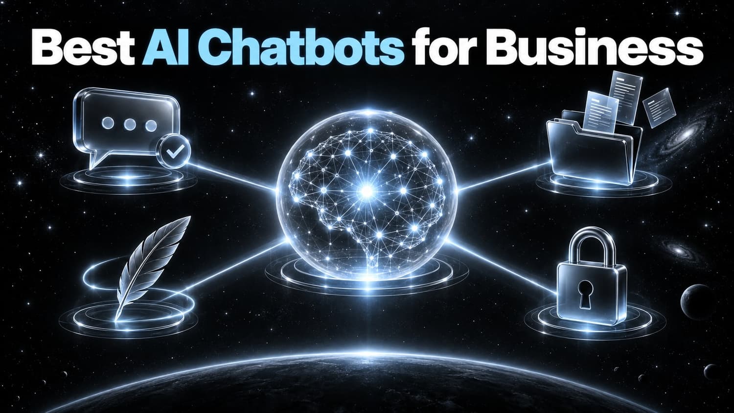 Best AI Chatbots for Business: a glowing network hub linked by light paths to a support chat box, a document folder, a writing quill and a padlock