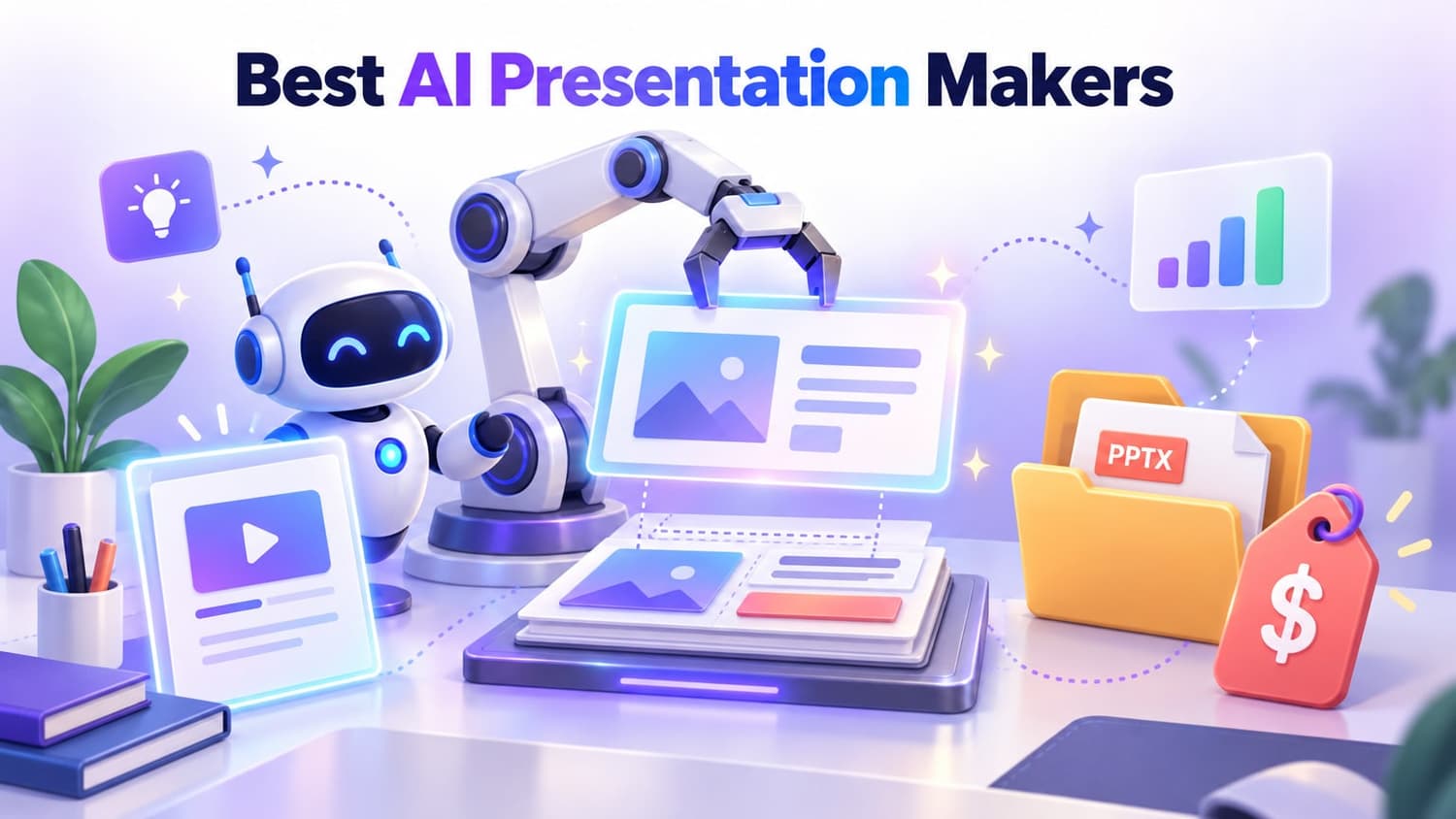 Best AI Presentation Makers: A robotic arm structures a glowing slide deck on a desk surrounded by a video document, a PPTX folder, and a price tag.