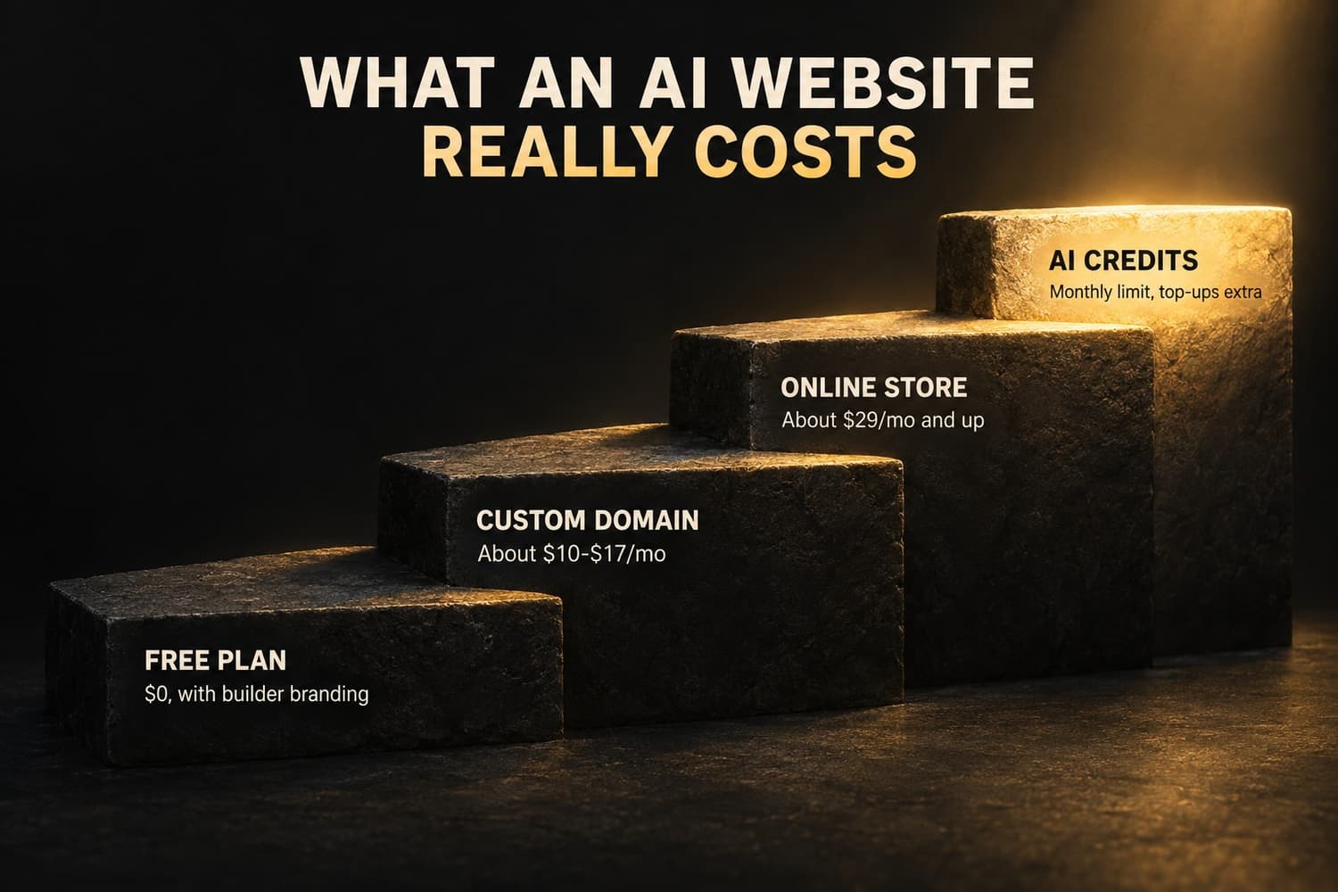 What an AI website really costs: free plan at $0 with builder branding, custom domain at about $10 to $17 a month, online store from about $29 a month, and AI credits with a monthly limit