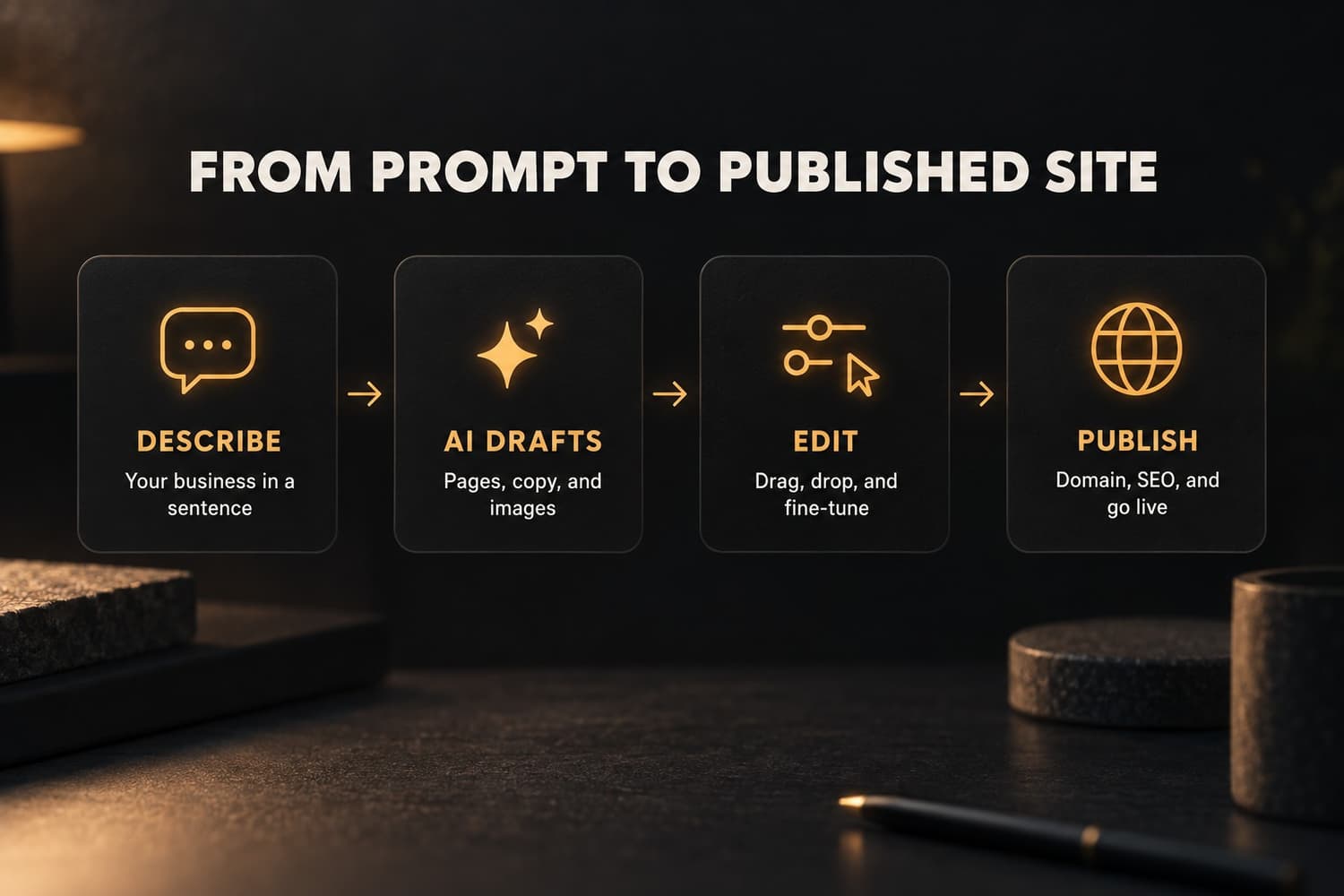 How AI website builders work: describe your business, the AI drafts pages, copy, and images, you edit with drag and drop, then publish with a domain and SEO