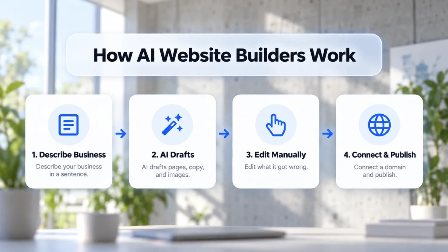 How AI website builders work in four steps: describe your business, the AI drafts pages, copy and images, you edit what it got wrong, then connect a domain and publish.