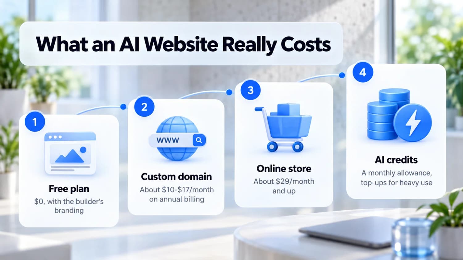 What an AI website really costs in four steps: $0 on the free plan, about $10-$17 a month for a custom domain, about $29 a month for a store, plus AI credits.