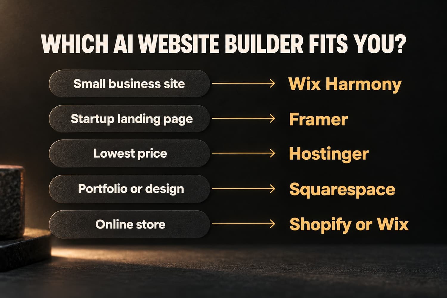 Which AI website builder fits you: small business site, Wix Harmony; startup landing page, Framer; lowest price, Hostinger; portfolio or design, Squarespace; online store, Shopify or Wix