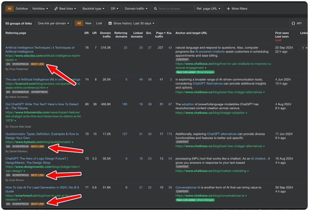 Ahrefs backlink report showing several Best Link badges for Chatbase backlinks