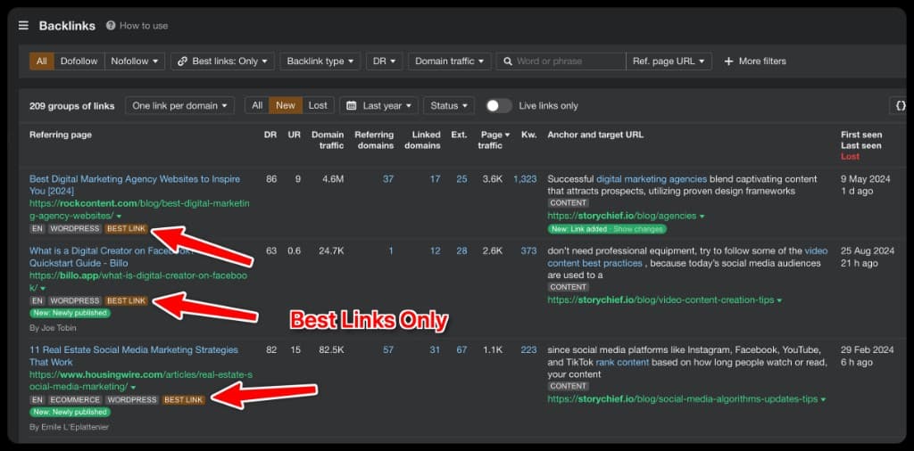 Ahrefs backlink report showing Best Link badges for StoryChief backlinks