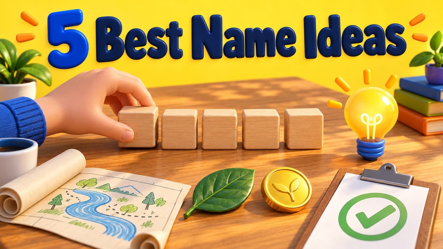 5 Best Name Ideas: a hand arranging wooden letter blocks on a desk beside a leaf and coin, a river sketch on a blueprint, a lightbulb and a checklist