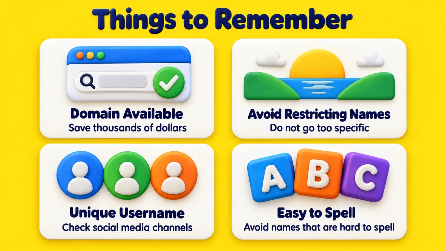 Things to Remember: pick a name with an available domain, avoid names that restrict you, check the username is unique and keep the spelling easy