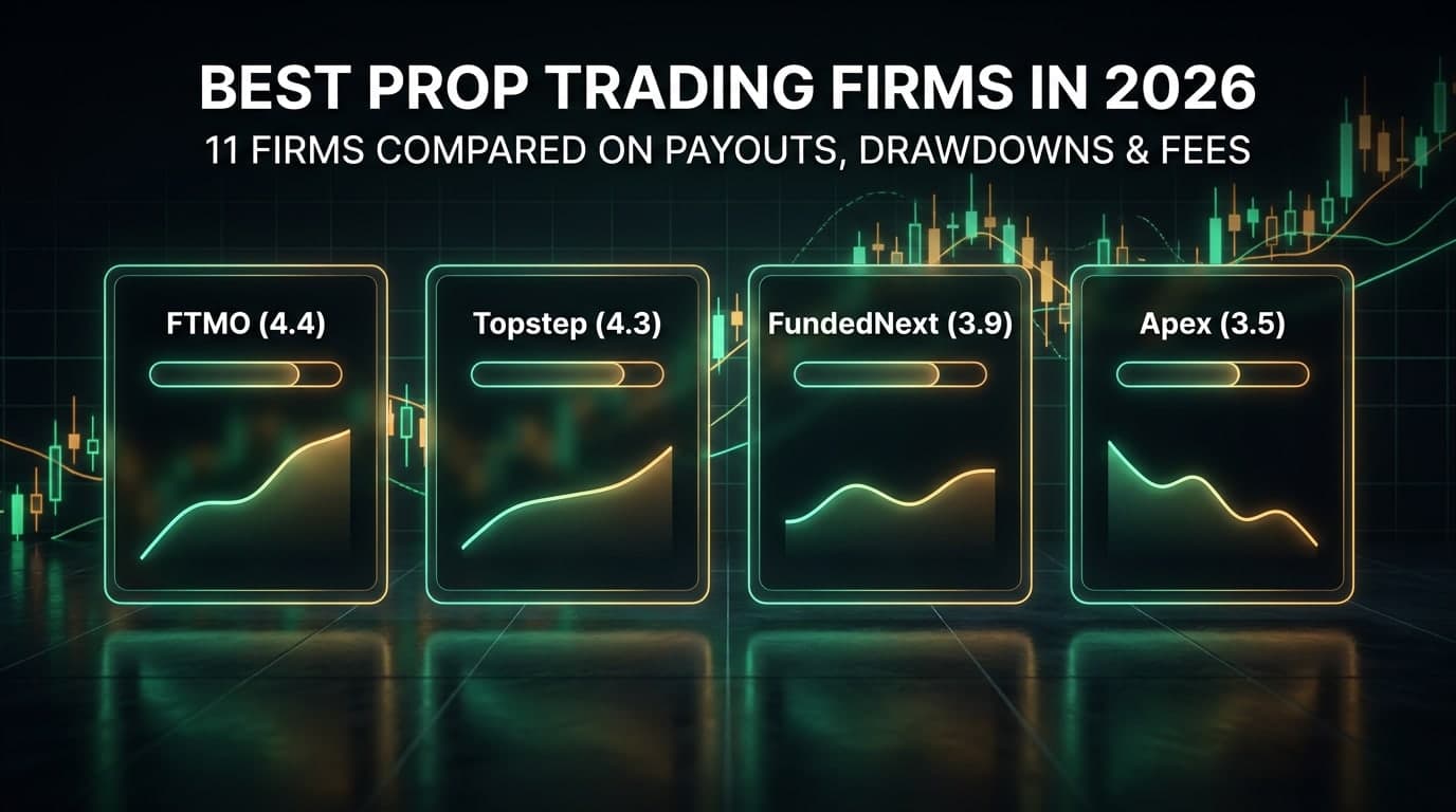 Best prop trading firms in 2026: dark-mode trading desk comparing FTMO (4.4), Topstep (4.3), FundedNext (3.9) and Apex (3.5) on payouts, drawdowns and fees.