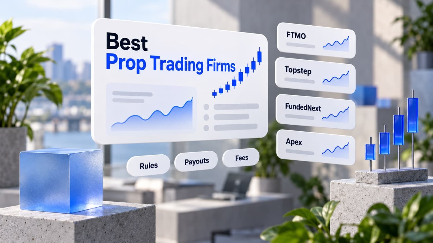 Best prop trading firms: floating cards naming FTMO, Topstep, FundedNext and Apex, with chips for rules, payouts and fees.