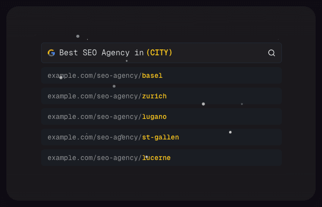 Example of location-based search results showing 'Best SEO Agency in [CITY]' with URLs for Basel, Zurich, Lugano, St. Gallen and Lucerne
