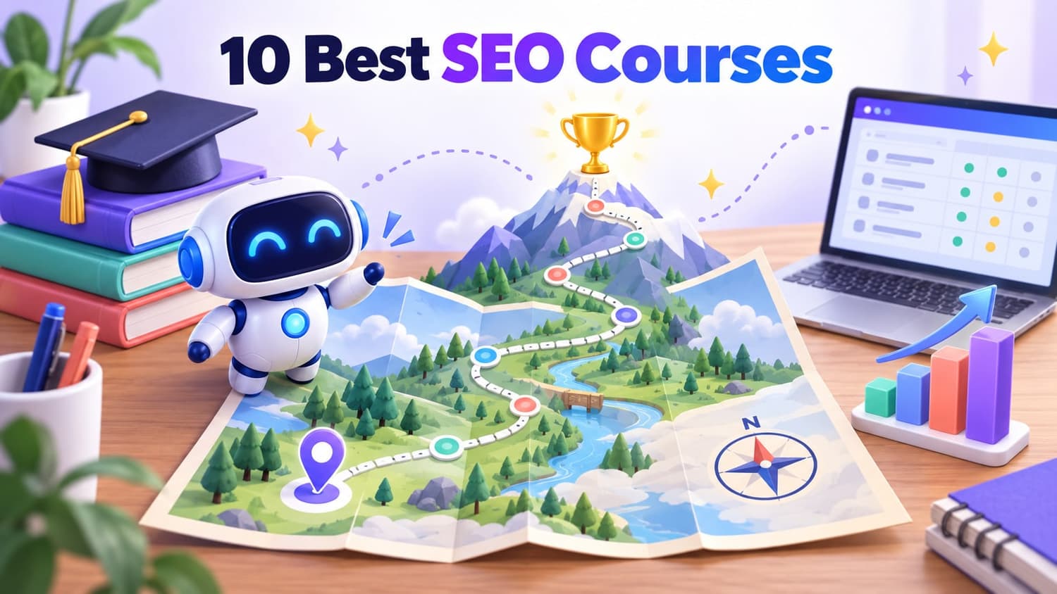 10 best SEO courses: a map with a path up a mountain to a trophy, beside a graduation cap, a laptop and a rising chart.