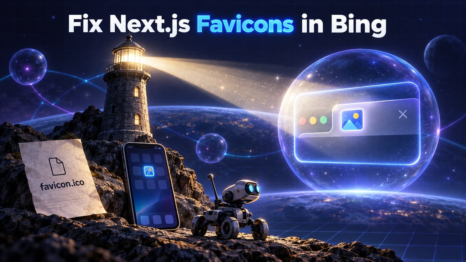 Fix Next.js Favicons in Bing: a lighthouse beams light onto a glowing web browser tab icon, surrounded by small icons for favicon.ico, a phone, and a crawling robot.