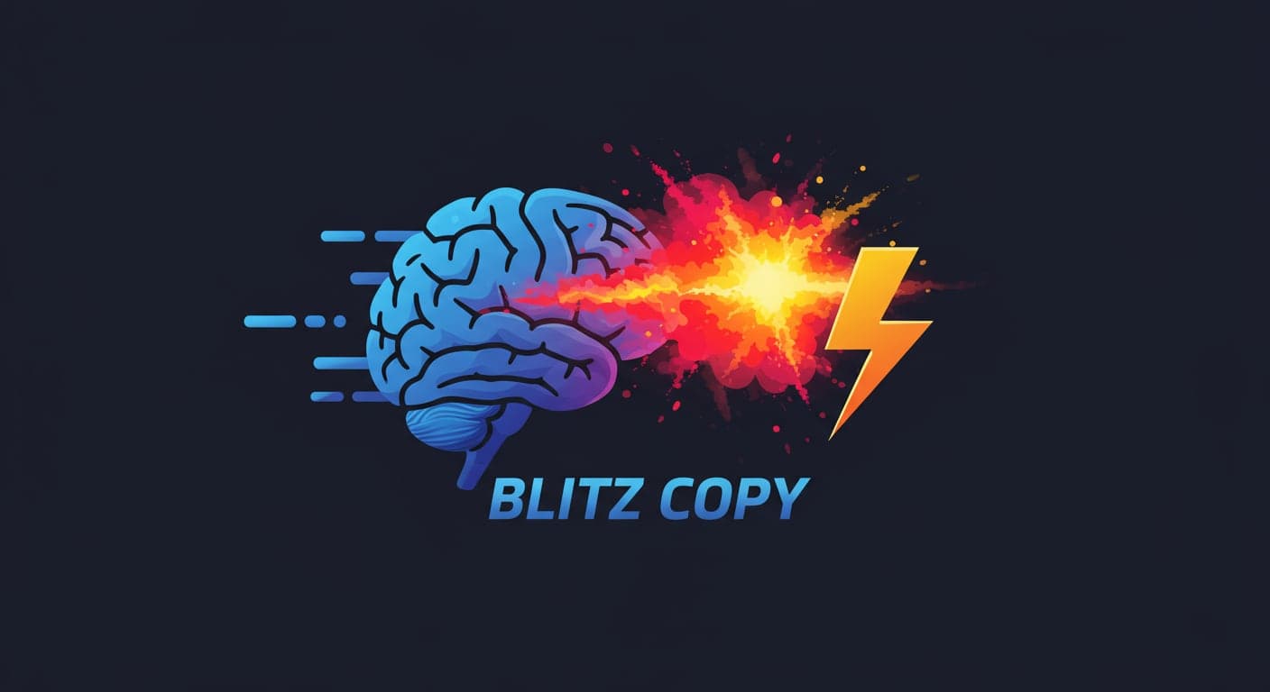 Diagram illustrating the Blitz Copywriting system with arrows pointing from "Identity Trigger" to "Emotional Hook" to "Payoff," symbolizing dopamine-driven conversions