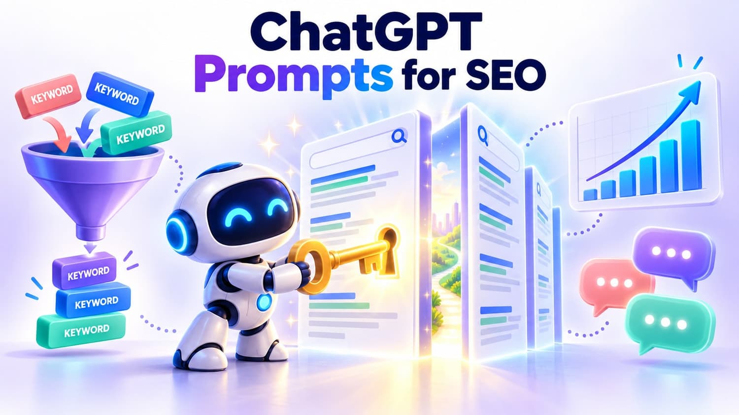 ChatGPT Prompts for SEO: A golden key unlocking a gate of glowing search results, surrounded by a keyword funnel and an upward trend chart.