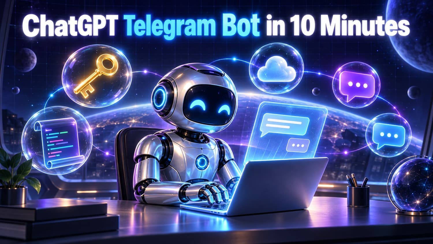 ChatGPT Telegram Bot in 10 Minutes: a friendly robot typing on a laptop that projects a chat bubble, beside a golden key, a code scroll and a cloud