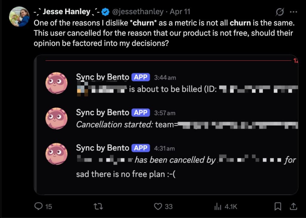 Jesse Hanley tweet about a customer cancelling because the product is not free