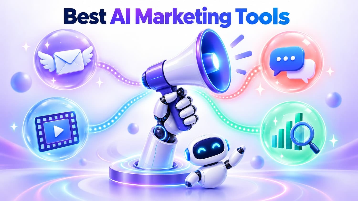 Best AI marketing tools: a robotic hand holding a megaphone, surrounded by bubbles for email, chat, video and search analytics.