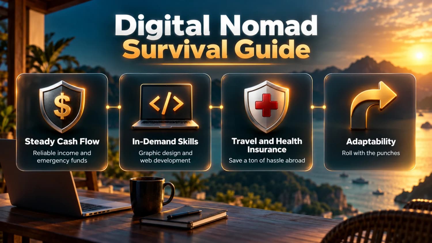Digital nomad survival guide: steady cash flow, in-demand skills, travel and health insurance, and adaptability.