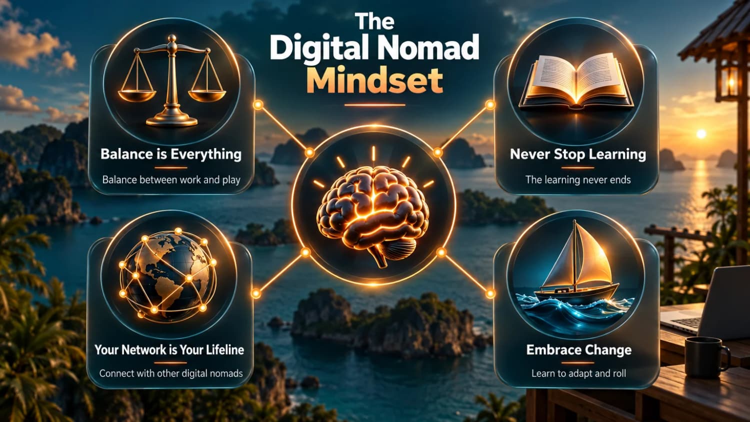 The digital nomad mindset: balance is everything, never stop learning, your network is your lifeline, embrace change.