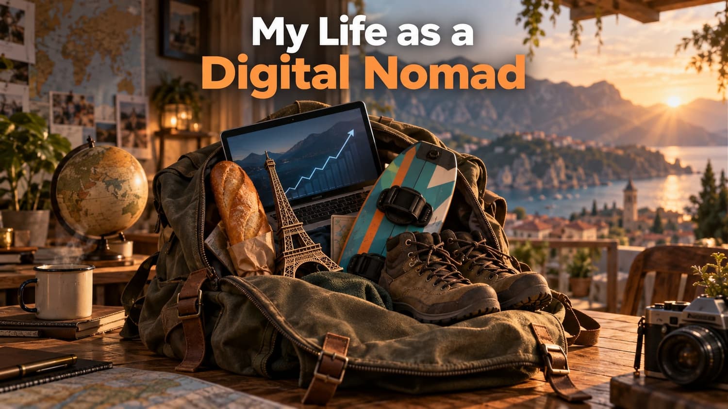 My life as a digital nomad: a backpack on a desk spilling a laptop, a baguette, a small Eiffel Tower, a kiteboard and hiking boots at sunset.
