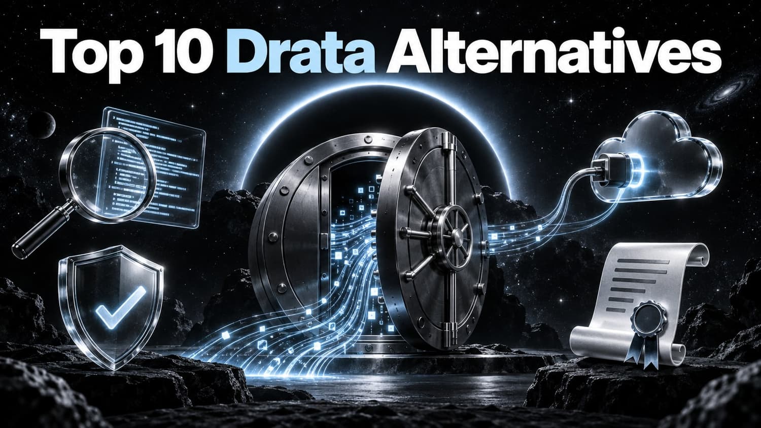 Top 10 Drata Alternatives: a metallic vault door open with glowing data lines, beside a magnifying glass over code, a checkmark shield and a certificate scroll