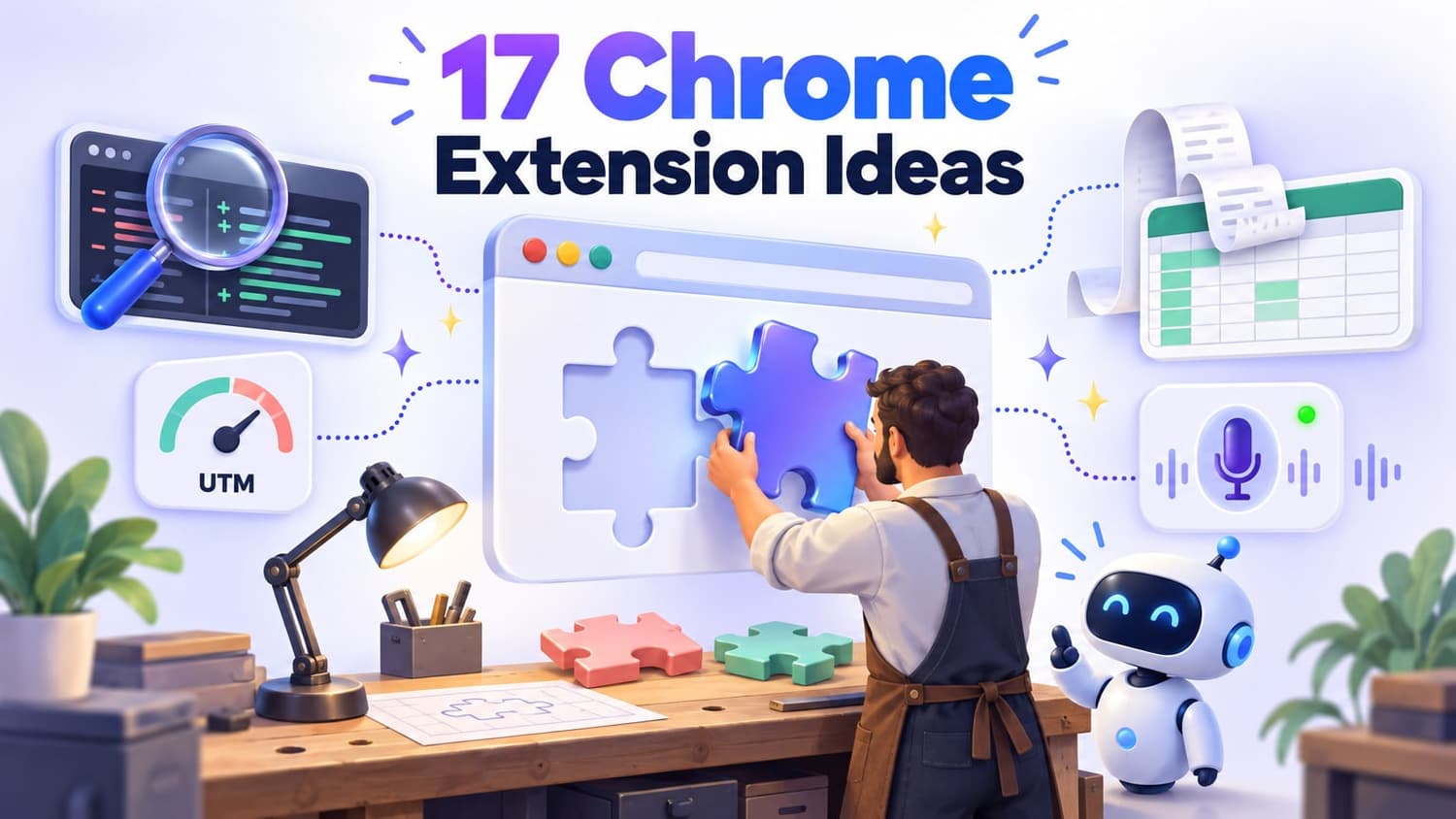 17 Chrome extension ideas: a builder fits a puzzle piece into a browser window, with a code diff, a UTM gauge, a spreadsheet and a mic indicator around it.