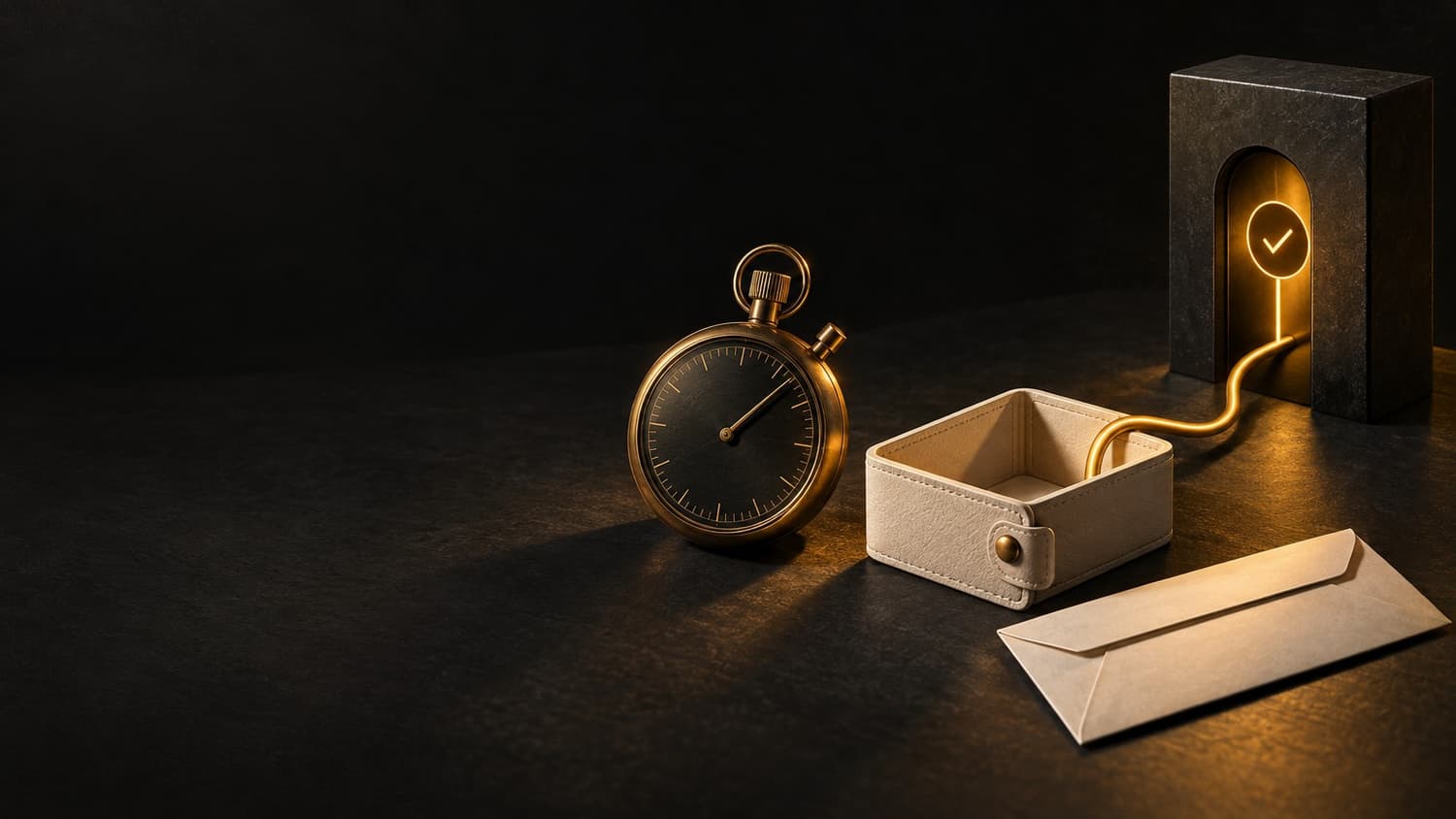 Amber stopwatch, wallet and transfer envelope beside a casino approval gate