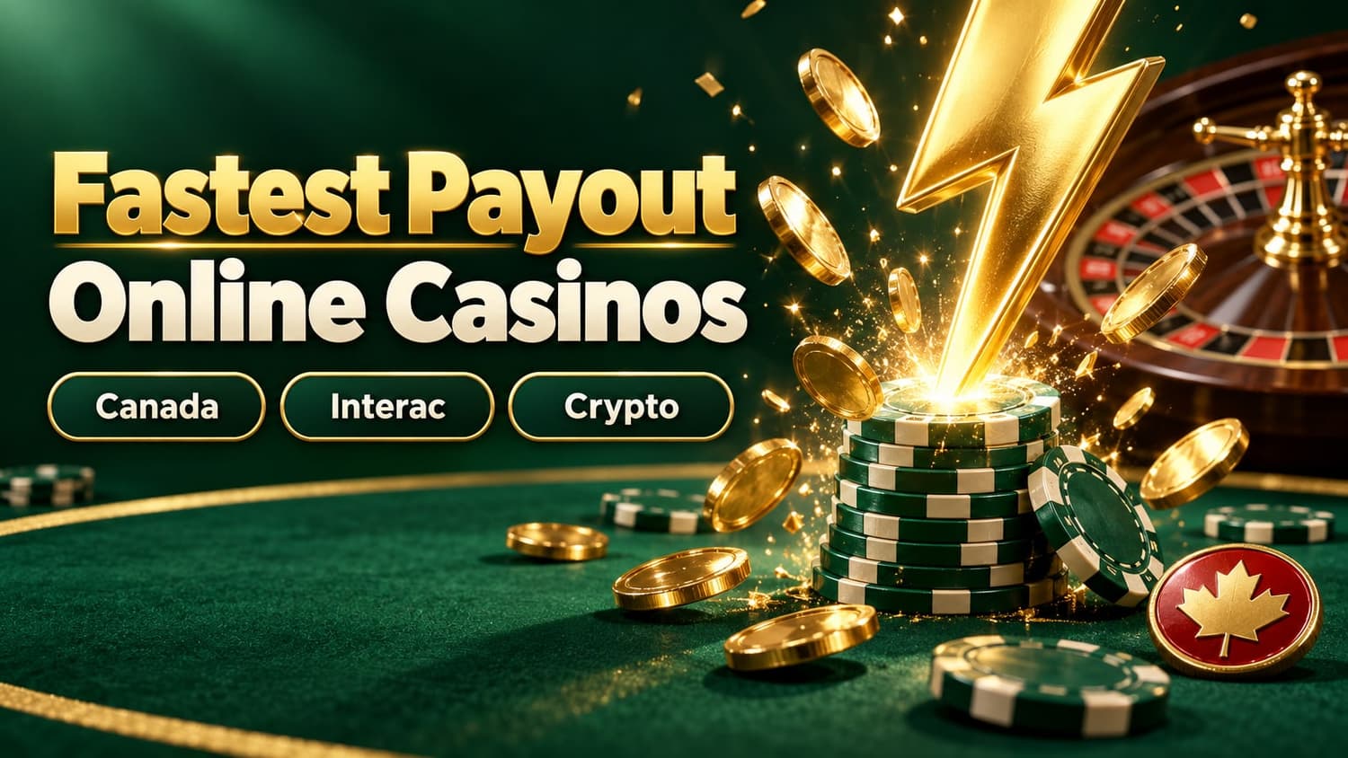 Fastest payout online casinos in Canada: a golden lightning bolt strikes a stack of casino chips beside a roulette wheel, with tags for Interac and crypto.