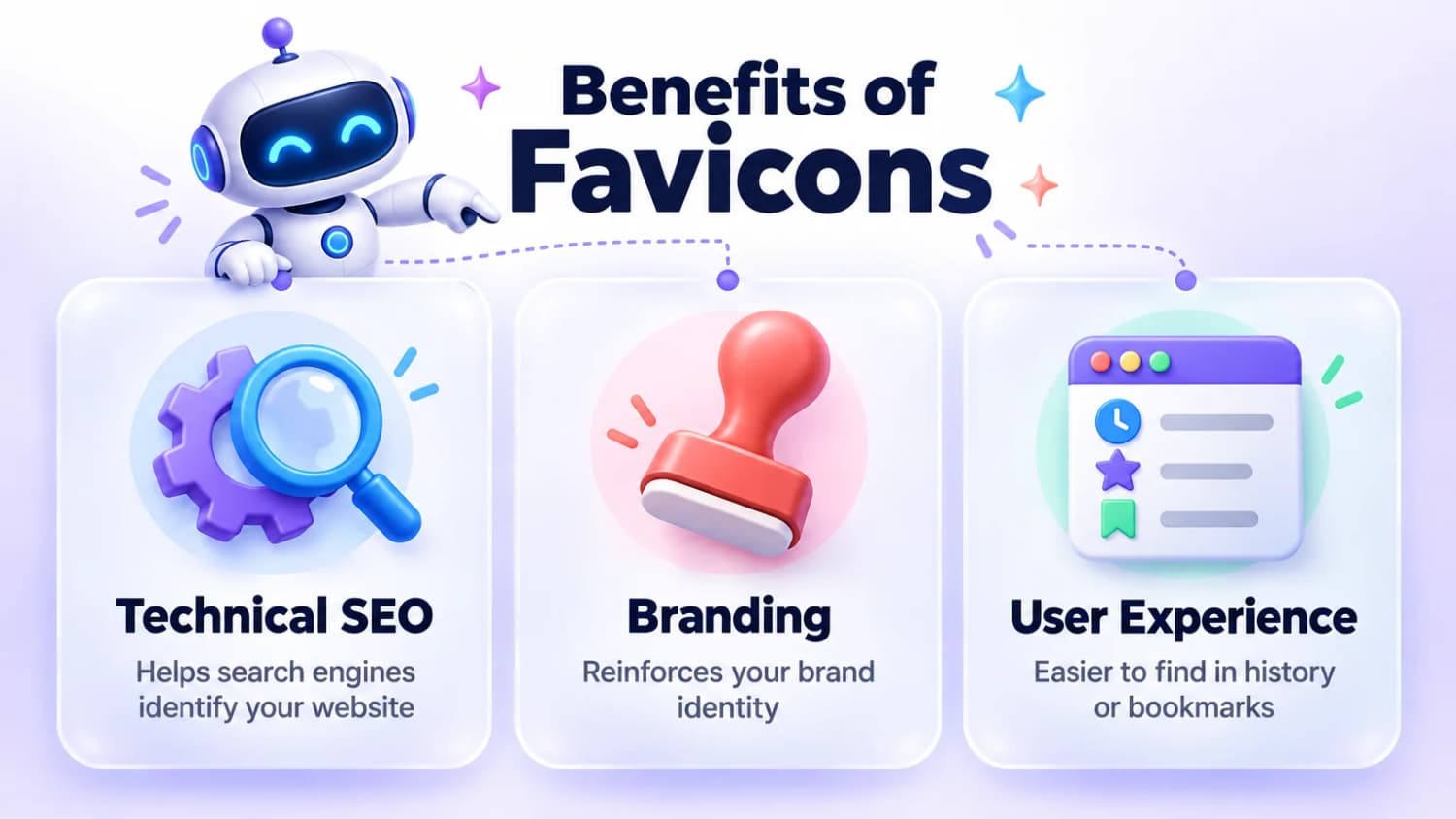 Benefits of Favicons: Technical SEO helps search engines identify your site, Branding reinforces your identity and User Experience makes it easier to find