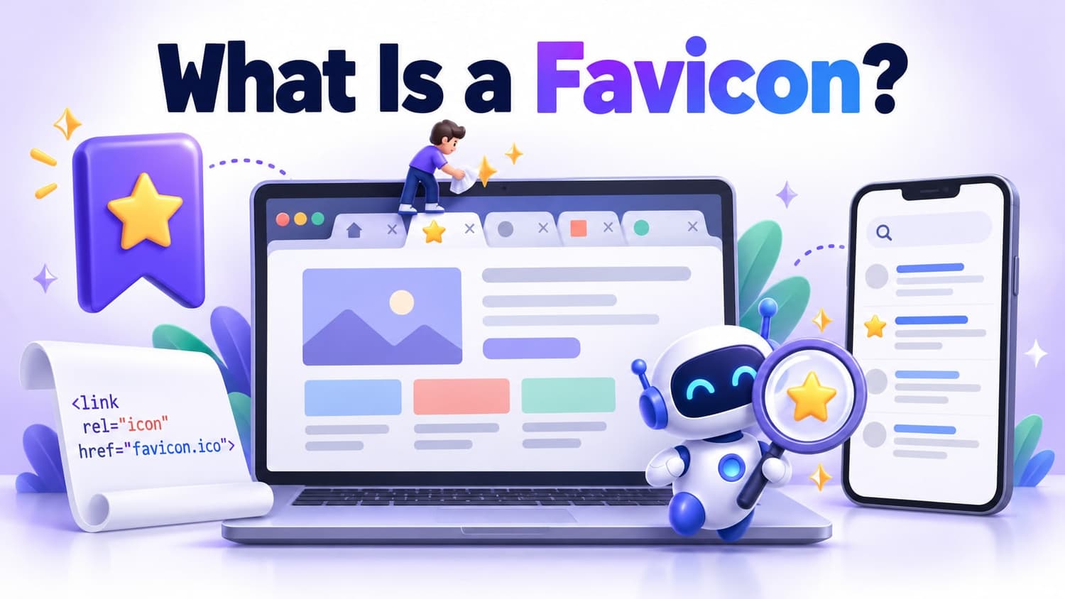 What Is a Favicon?: a laptop with browser tabs, a bookmark ribbon, a phone showing search results and a scroll of HTML code, all marked with one small star icon