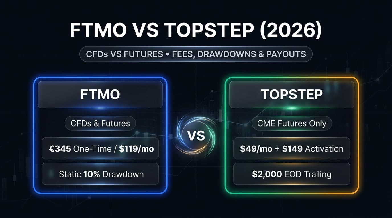 FTMO vs Topstep (2026): FTMO CFDs and Futures (€345 one-time or $119/mo, 10% static drawdown) vs Topstep CME Futures ($49/mo, $2,000 EOD trailing).