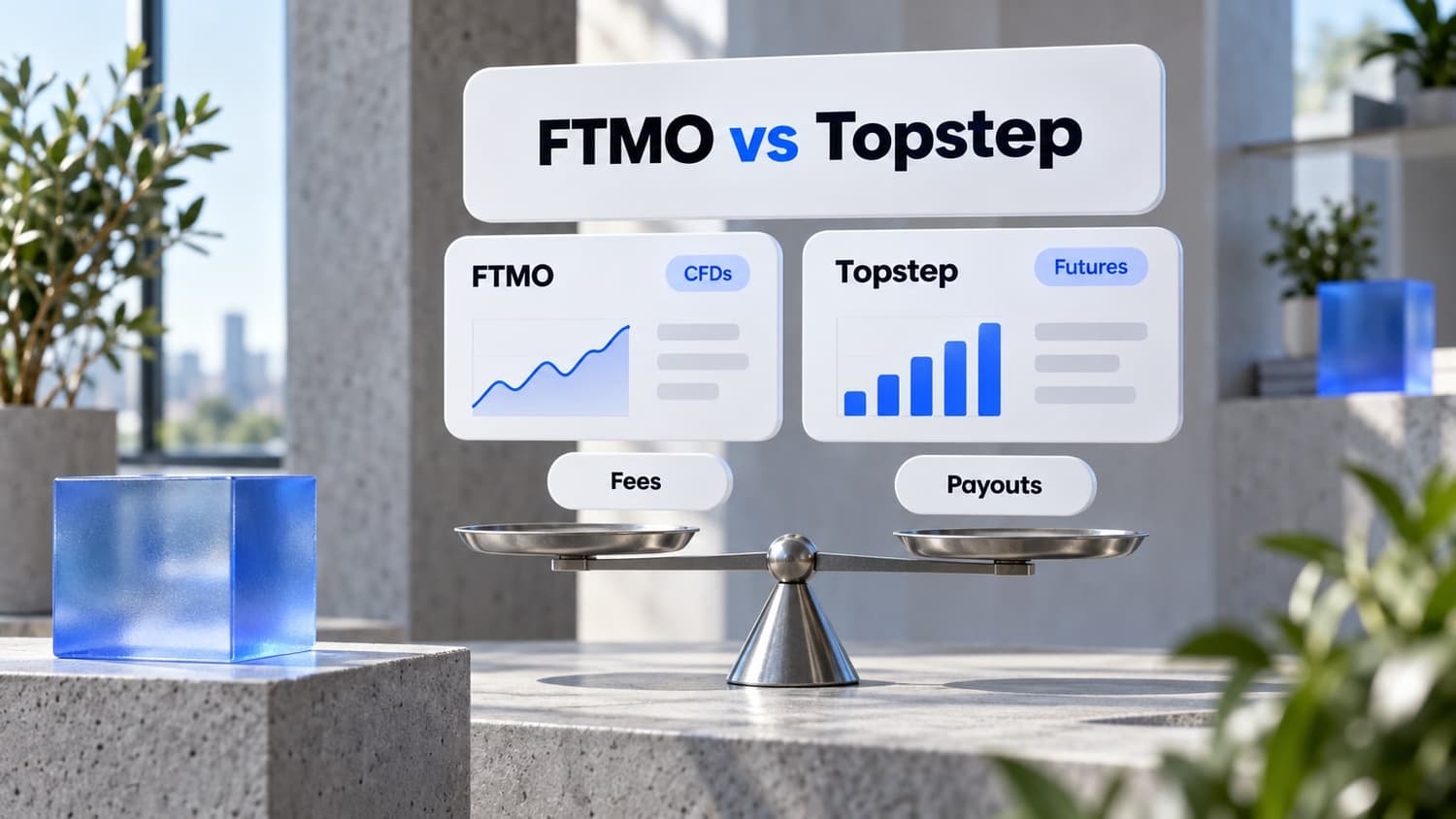FTMO vs Topstep: two cards side by side, CFDs against futures, with chips for fees and payouts.