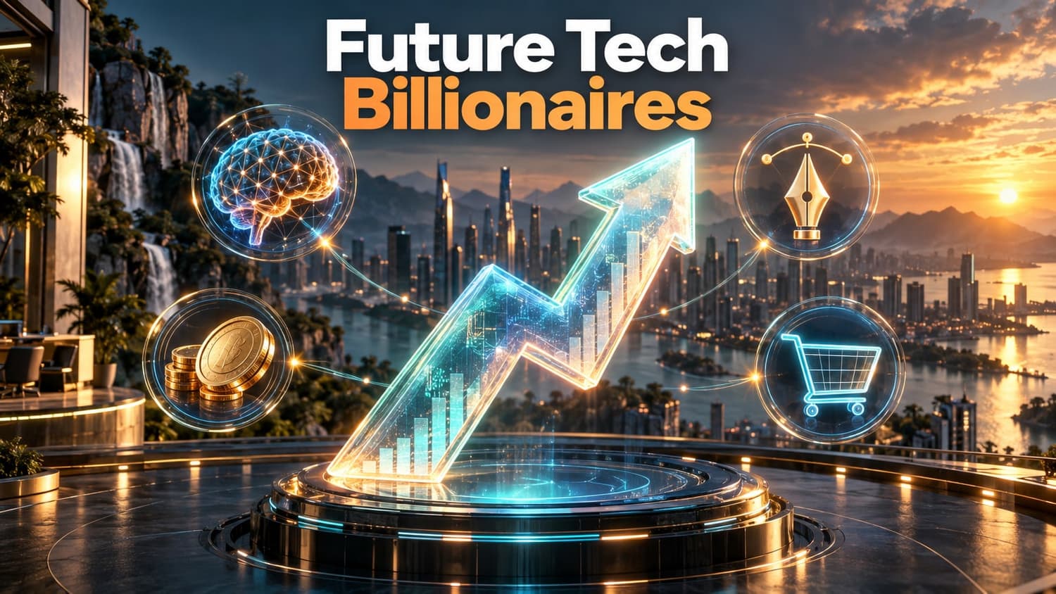 Future Tech Billionaires: A large holographic arrow pointing upwards surrounded by icons for artificial intelligence, fintech, design, and e-commerce.