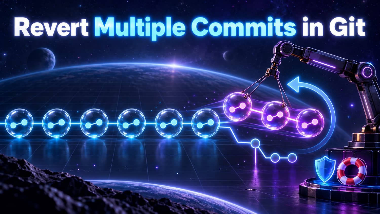 Revert Multiple Commits in Git: a track of glowing commit nodes with the last three pulled backward by a crane, beside a lifebuoy, a shield and a history arrow