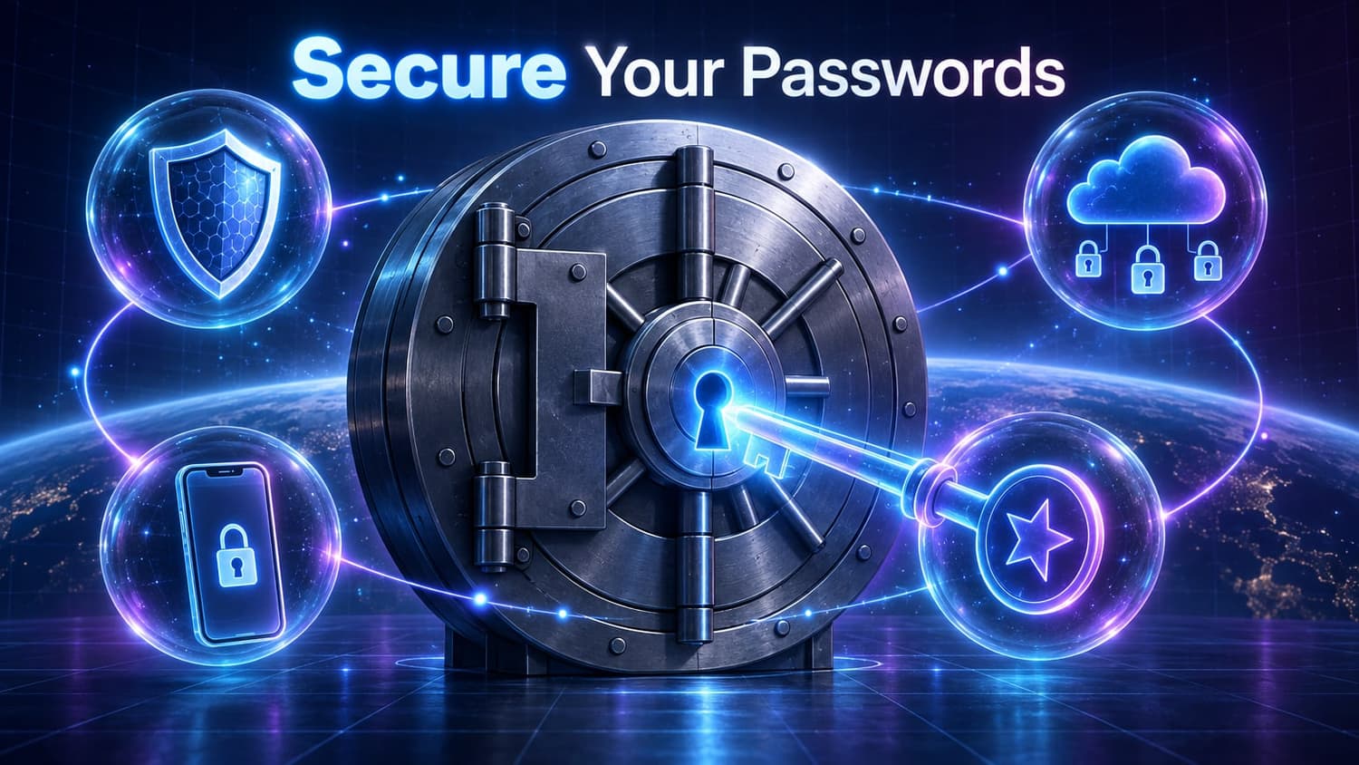 Secure Your Passwords: A large metallic vault door being locked with a key, surrounded by a shield, a phone showing a checkmark, and a locked cloud.