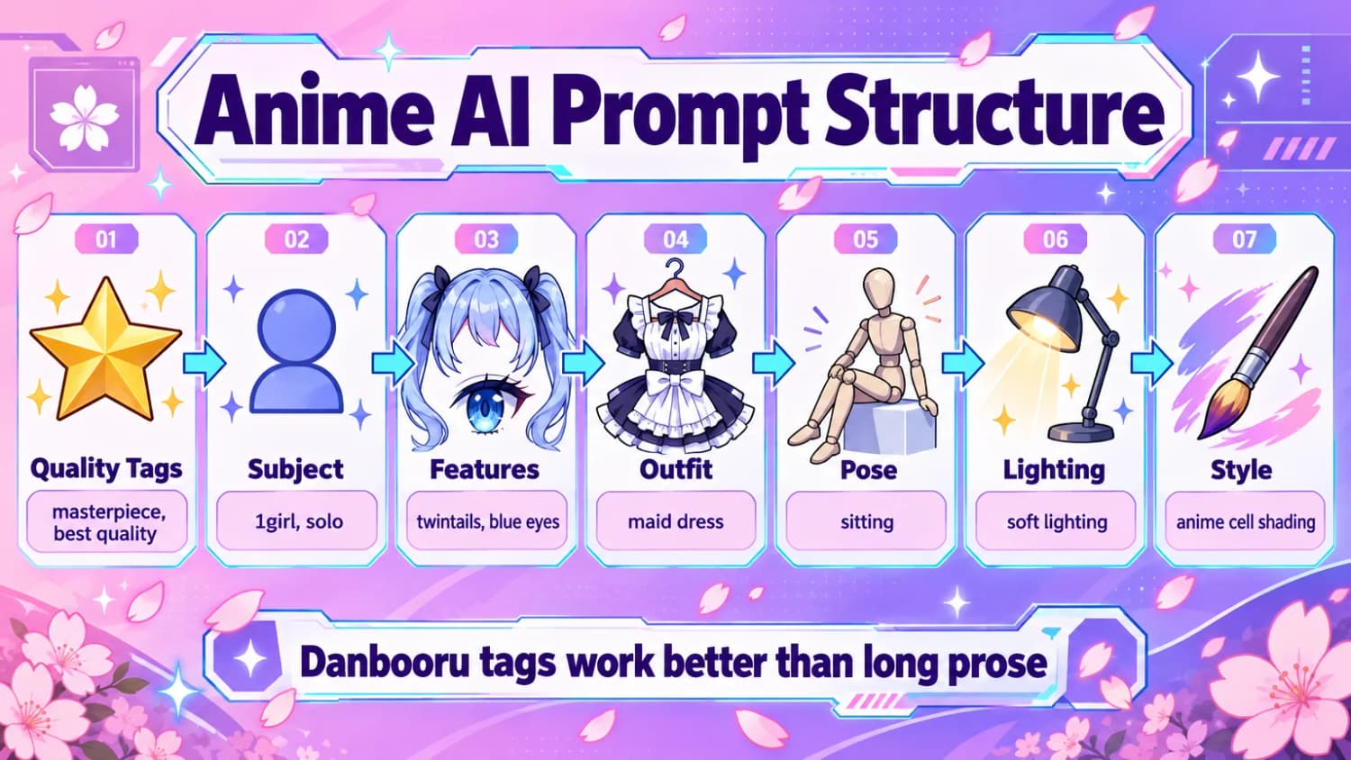 Anime AI prompt structure in seven parts: quality tags, subject, features, outfit, pose, lighting and style, each with an example tag.
