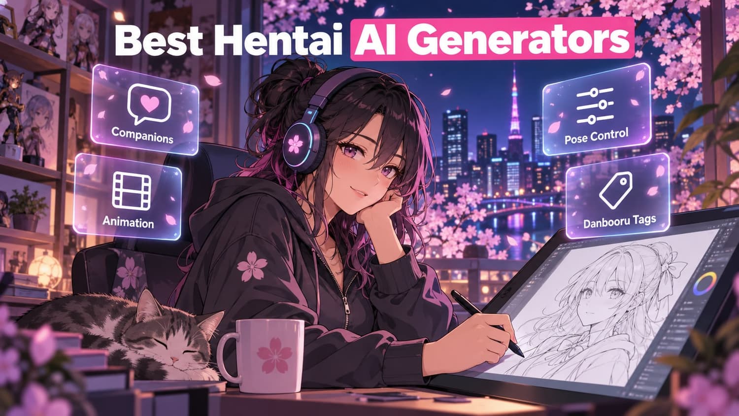 Best hentai AI generators: an illustrator draws an anime portrait on a pen tablet, beside cards for companions, animation, pose control and Danbooru tags.