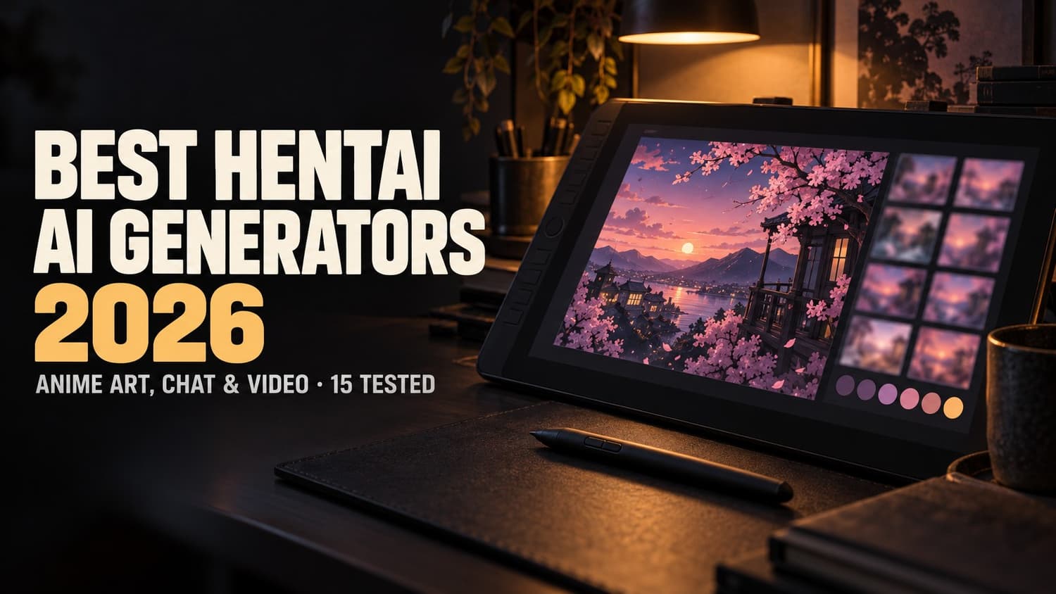 Best hentai AI generators of 2026 for anime art, chat, and video, shown as anime artwork on a drawing tablet