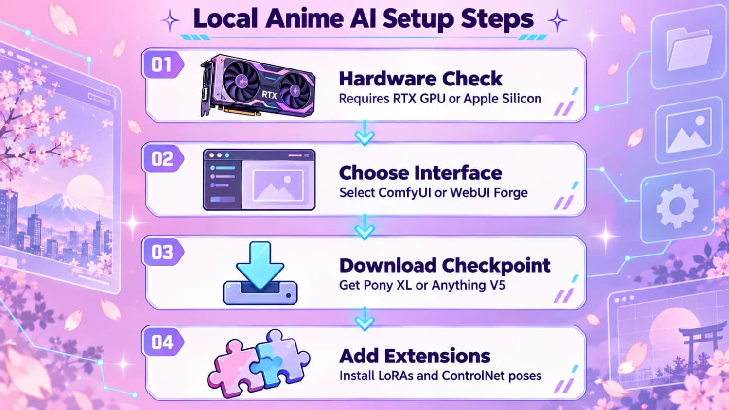 Local anime AI setup in four steps: check for an RTX GPU or Apple Silicon, choose ComfyUI or WebUI Forge, download a checkpoint and add extensions.