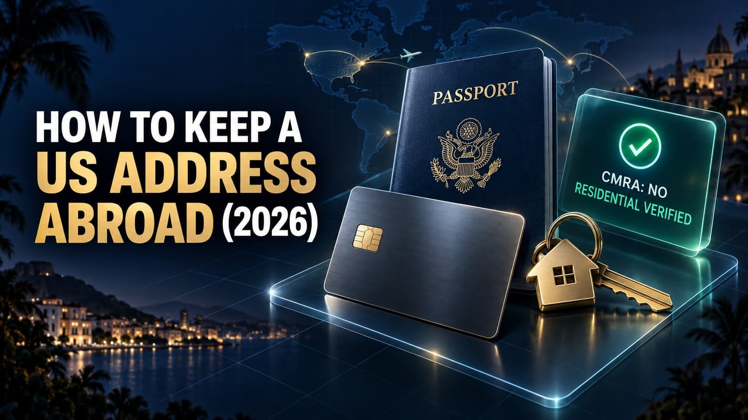 US passport, metallic bank card, house key, and a CMRA: NO Residential Verified status card showing how to keep a US address abroad in 2026.