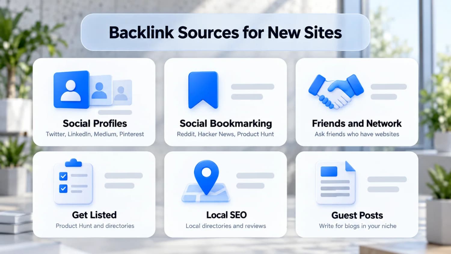 Backlink Sources for New Sites: social profiles, social bookmarking, friends and network, directory listings, local SEO and guest posts for a new site
